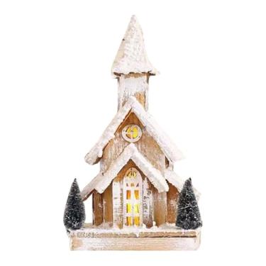 Imagem de Kokiya Igreja de neve iluminada de madeira de Natal em miniatura Cena de neve de Natal Exibições de Natal Decorativas 40x19cm para Quarto Multiuso