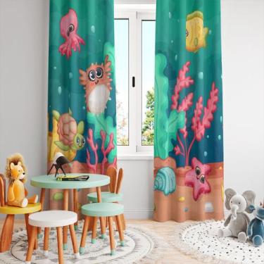 Imagem de Cortina Tecido Oxford Quarto Infantil Desenho Fundo do Mar Animais  - 