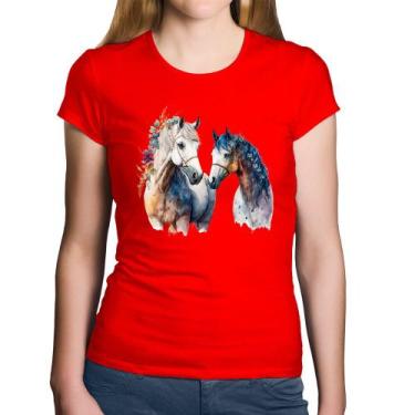 Imagem de Baby Look Algodão Casal de Cavalos Watercolor - Foca na Moda, Vermelho