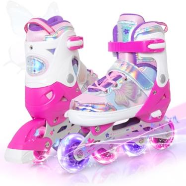 Imagem de MammyGol Patins em linha para meninas e crianças, patins de borboleta ajustáveis com cores vibrantes, rodas piscando, para iniciantes, mulheres, senhora, rosa vermelha