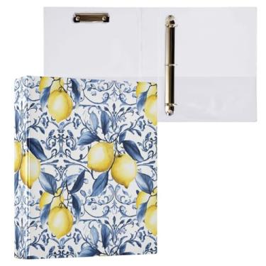 Imagem de Fichário de 3 anéis de limões amarelos de azulejo azul francês de 3,8 cm decorativo com prancheta e 3 bolsos transparentes, comporta 200 folhas de papel tamanho A4 fichários à prova d'água para