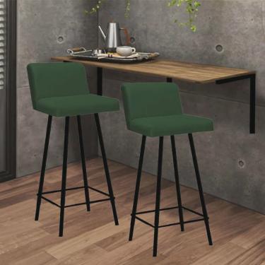 Imagem de Kit Mesa Suspensa de Parede Fixa mdf Rústico + 2 Banquetas Lexi Ferro Preto Suede Verde...