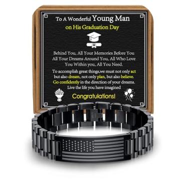 Imagem de VULETO Pulseira para presente To My Man Boyfriend Husband Brother Son em aço inoxidável, bandeira americana, relógio com elos de aniversário, dia dos namorados, Natal, joias para homens, one size, Sem