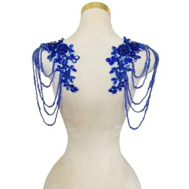 Imagem de 1 par de enfeites de strass com contas para roupas, dragonas, remendos de ombro, aplique de borlas de lantejoulas de diamante costurado para vestido de casamento, acessórios DIY 9,8 x 10,5 cm (azul)