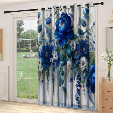 Imagem de Divisória de parede de cortina divisória de quarto azul, margarida peônia e flores silvestres com ramos de eucalipto em pano de fundo rústico, cortinas largas isoladas/cortinas de quarto (painel
