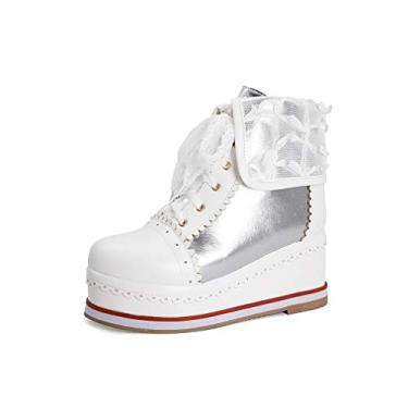 Imagem de HILIB Botas femininas fofas Lolita Cosplay Brogue Wedge Boots, Prata, 8.5