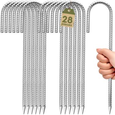 Imagem de Homwin Estacas de chão de 30,5 cm para serviço pesado, 28 peças, estaca de vergalhão de cerca de metal, 1,5 cm de diâmetro, gancho J, estacas de tenda, conjunto de balanço e âncoras de gazebo