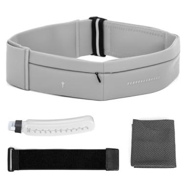 Imagem de Lsnisni Cinto de corrida fino para homens e mulheres, pochete de corrida com garrafa de água e toalha, pochete com vários bolsos - suporte de telefone, ajustável para corrida, escalada - médio - cinza