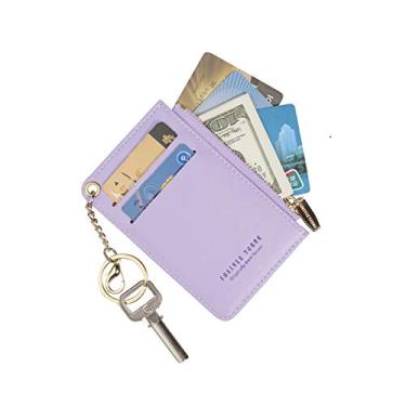 Imagem de Carteiras pequenas para mulheres, porta-cartões de couro fino, carteira, porta-moedas com chaveiro, Roxa, Small