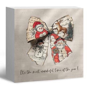 Imagem de laveliabel Placa de caixa de madeira de Natal com laço Coquette, decoração de prateleira de mesa de mesa de Natal, retrô, boneco de neve, rena, Papai Noel, Natal, Natal, Natal, Natal, Natal, Natal