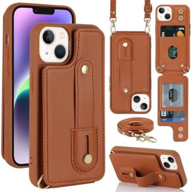 Imagem de Carteira de pulseira crossbody Cartões de couro Solt Case para iPhone 15 Pro Max 14 11 12 13 XS 7 8 Plus SE2022 Bolsa de bolso com cordão, marrom, para iPhone 7 8
