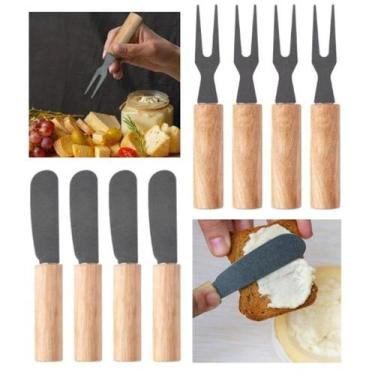Imagem de Kit 4 Garfinhos 4 Espátulas inóx com cabos de Bamboo para petiscos - U