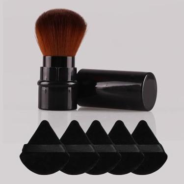 Imagem de 6 pincéis de maquiagem retráteis com almofada de almofada, portátil, sem queda e bloqueio de pó, ideal para base, blush e retoques em movimento (preto)