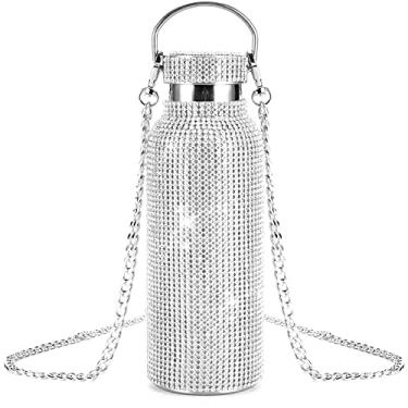 Imagem de Garrafa térmica Bling Diamond, garrafas de água com glitter, garrafa térmica de aço inoxidável, garrafa de água recarregável com corrente para mulheres (prata 750 ml)