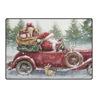 Imagem de Blueangle Tapetes de Natal laváveis de 12 x 16,7 cm para sala de estar - Tapete ultramacio antiderrapante resistente a manchas com estampa de carro vermelho vintage, decoração de férias para quarto e
