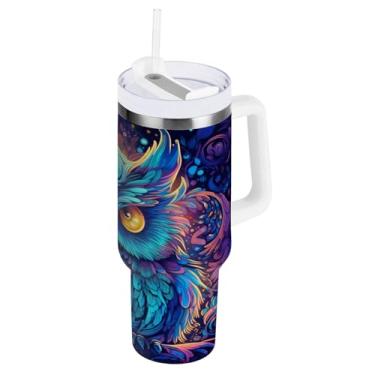 Imagem de Blueangle Copo isolado de 850 g com alça e tampa de canudo - Caneca de viagem de aço inoxidável à prova de vazamento, garrafa de água de coruja neon a vácuo de parede dupla (540)