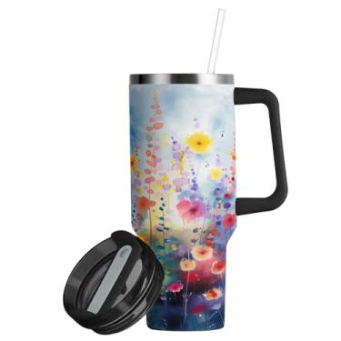Imagem de ATTX Copo colorido de pintura em aquarela de 850 g com alça, copo de aço inoxidável a vácuo de parede dupla com palha, caneca de café de viagem isolada #309