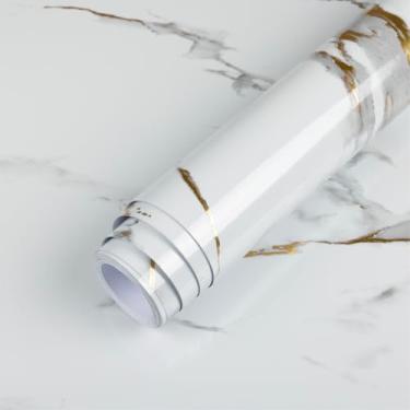 Imagem de Abyssaly Papel de contato de mármore para bancadas papel de parede de mármore branco e cinza dourado à prova d'água removível autoadesivo para armários de cozinha e banheiro 40,2 cm × 394 cm