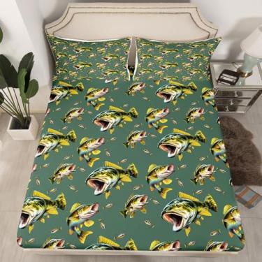 Imagem de Erosebridal Jogo de cama casal de pesca de robalo com tema de peixe lúcio para meninos e adolescentes, lençol com elástico apenas para meninos e adolescentes, lençol com elástico para decoração de