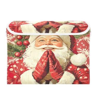 Imagem de SEHANY Linda caixa de armazenamento de Papai Noel de Natal com tampas e alças, organizador de cestas de armazenamento de tecido dobrável, caixas de armazenamento de cubos grandes para roupas, cobertor