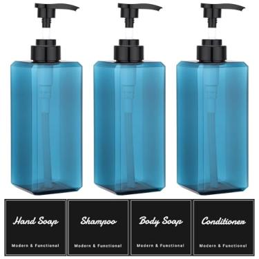 Imagem de Suream Dispensador de xampu para chuveiro, frascos de xampu e condicionador de 650 ml com etiquetas, frasco de loção com bomba preta para sabonete corporal, óleo de massagem, hidratante (conjunto de 3