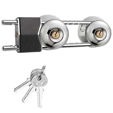 Imagem de BLMHTWO Fechadura de porta francesa, fechaduras duplas de metal para portas francesas com 3 chaves fechadura portátil em forma de U para portas com alças duplas, puxadores e hastes de puxar