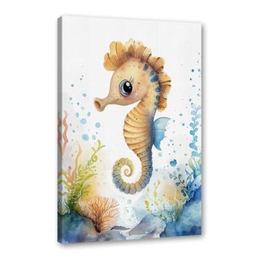 Imagem de Impressão de berçário de animais oceânicos desenho animado tartaruga marinha baleia pôster aquarela animais marinhos pintura em tela decoração de parede quarto infantil (SKU1,40.6x50.8 cm = (40x50cm