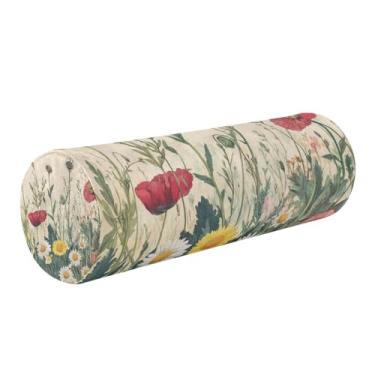 Imagem de Burbuja Almofada cilíndrica redonda de flores silvestres para alívio da dor no pescoço, almofada de viagem cervical de espuma viscoelástica com capa lavável removível para cama, cabeça e pernas