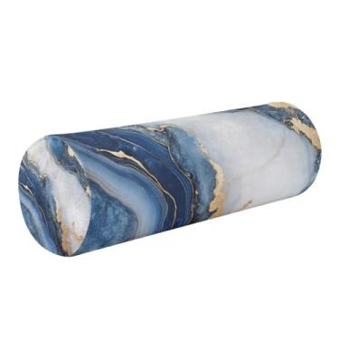 Imagem de Burbuja Almofada redonda cilíndrica de mármore branco azul para alívio da dor no pescoço, almofada de viagem cervical de espuma viscoelástica com capa lavável removível para cama, cabeça e pernas