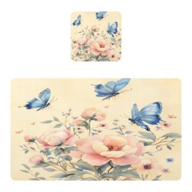 Imagem de Burbuja Jogo americano retrô rosa borboleta conjunto de 4 para mesa de jantar, tapetes de mesa de cozinha antiderrapantes resistentes ao calor, fácil de limpar, 30 x 45 cm