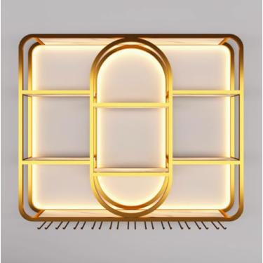 Imagem de Rack de vinho industrial de 3 níveis montado na parede com luz LED, grande prateleira de barra de metal para garrafas de bebidas e suporte de copos de vinho, exibição de vinho flutuante elegante (ouro