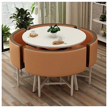 Imagem de Conjunto simples de mesa e cadeira, design moderno, mesa redonda, varanda, sala de estar, sala de jantar, escritório, sala de reuniões, sala de estar, 4 cadeiras de couro, café, salão de beleza, mesa