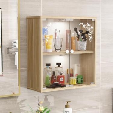 Imagem de Armário de parede de madeira com portas de vidro - Armazenamento de exibição de 2/3 níveis para casa, banheiro, escritório, sala de jantar e sala de estar, decoração que economiza espaço com design