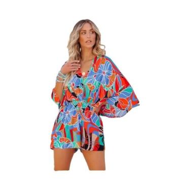 Imagem de Macacão Feminino Com Estampa Solta, Sem Costas, Com Renda E Manga Curt