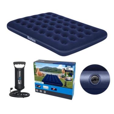 Imagem de Colchao inflavel casal camping + bomba de ar manual 30cm com 3 bicos -