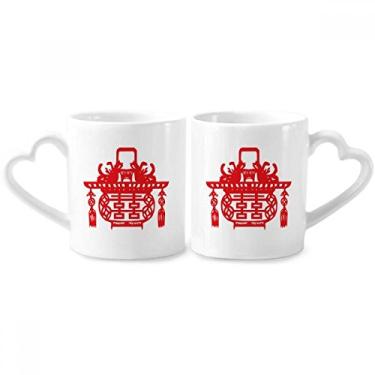Imagem de Conjunto de canecas de porcelana para casais, com estampa de lótus, lanterna vermelha chinesa e coração