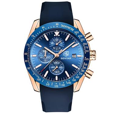 Imagem de Relógio masculino cronógrafo Benyar, relógio masculino de quartzo, pulseira de silicone e pulseira de aço inoxidável, relógio masculino à prova d'água, Silicone- gold blue