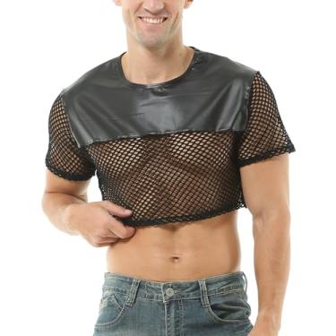 Imagem de FEOYA Camiseta masculina transparente de malha arrastão transparente gola redonda manga curta festa clube, Preto, G