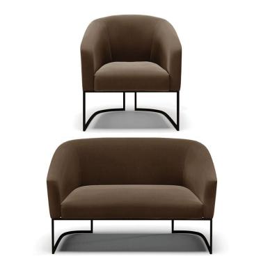 Imagem de Sofá Namoradeira E Poltrona Base Industrial Preto Stella Suede D03 - D`rossi Cor Marrom