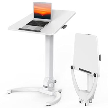 Imagem de JOY worker Mesa dobrável móvel, mesa de suporte pneumático ajustável com altura ajustável, mesa de laptop com rodinhas inclinável de 90°, mesa portátil com rodas, tapete antiderrapante para escritório doméstico, capacidade para até 10 kg, branca