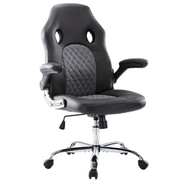 Imagem de Cadeira de jogos de escritório, cadeira giratória ergonômica e confortável para jogos de computador cadeira de mesa de escritório em casa couro PU encosto alto com apoios de braço flip-up, cinza