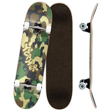 Imagem de Yocaher Skate completo, preto, xadrez, camuflado, 19,7 cm com deck de bordo de 7 camadas, fita de aderência Black Widow, caminhão de liga de alumínio, rolamento ABEC-7, rodas de skate de 54 mm (verde camuflado completo de 19,7 cm)