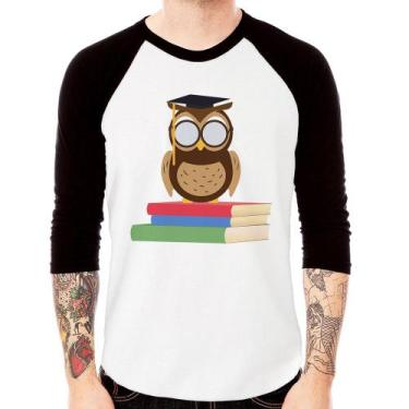 Imagem de Camiseta Raglan Coruja Estudante Manga 3/4 - Foca na Moda, Branco, Pre