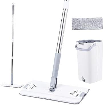 Imagem de Mop e Balde Com Wringer Set 47 Polegada Alça de Aço Inoxidável Wet Dry Flat Mop Balde Com 2 Microfibra Pads para Madeira Mármore Telha Laminado