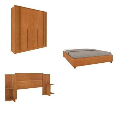 Imagem de Quarto Casal Guarda-Roupa 6 portas Ripado Nova York e Cama Box Casal Mônaco com Cabeceira Ajustável Cinamomo