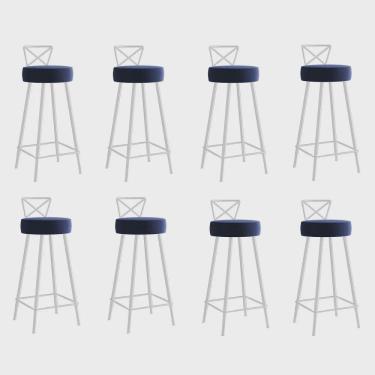 Imagem de Kit 08 Banqueta Alta Com Encosto Tânia Eiffel Cozinha Bar Bistrô Ferro Branco Sintético Azul Marinho - Ahz Móveis