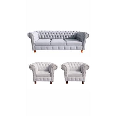 Imagem de 1 Sofá 2M + 2 Poltronas Chesterfield Luiz xv Corano Branco / barbearia, salão de beleza, casa, decoração, recepção
