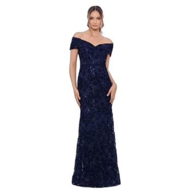 Imagem de Xscape Vestido formal de renda floral tomara que caia com lantejoulas, Azul marino, 38
