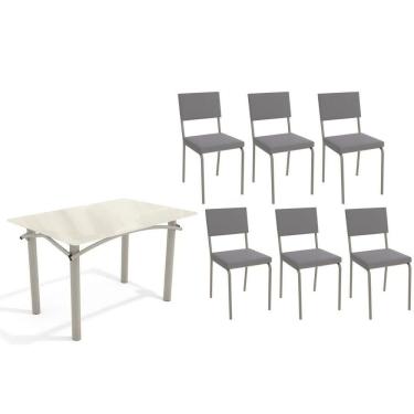 Imagem de Sala de Jantar Completa Elba Tampo Madeirado c/ Vidro 120cm e 6 Cadeiras Zaria Niquel/Off White - Suede Cinza - Kappesberg