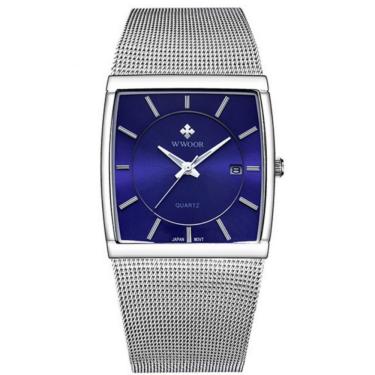 Imagem de Relógio De Quartzo Masculino Design Quadrado De Malha De Aço Inoxidavel Impermeável Azul Prata